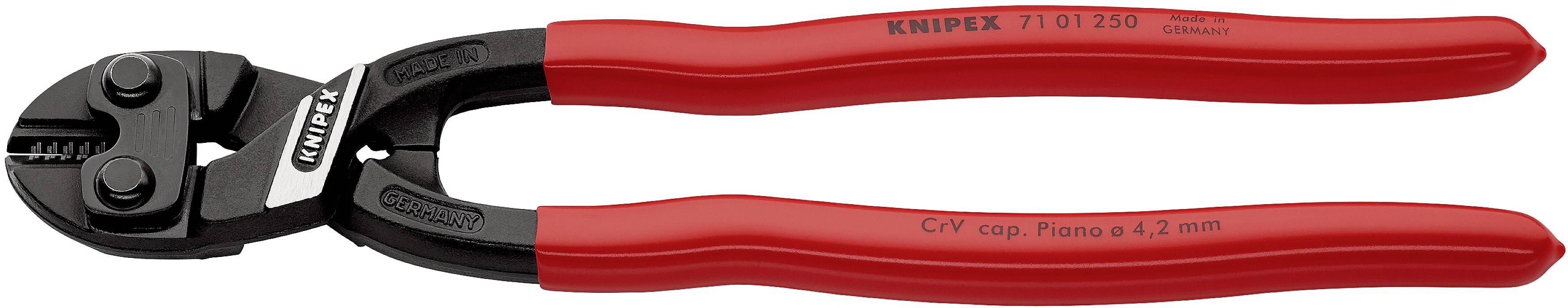 En rød boltsaks på hvid baggrund, egnet til at klippe metal op til 4,2 mm tykkelse.