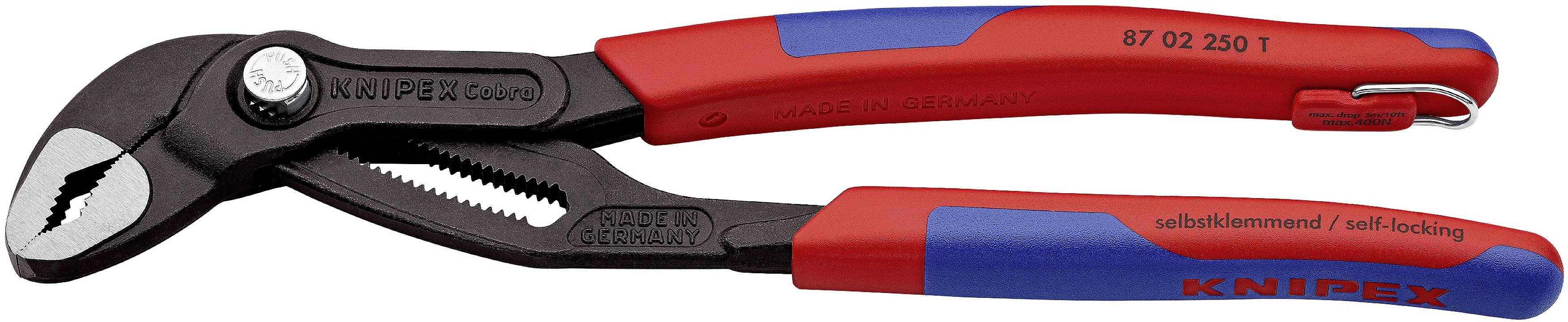 KNIPEX Cobra vandpumpetang med ergonomiske greb og selvlåsende mekanisme, velegnet til rør- og skrueopgaver.
