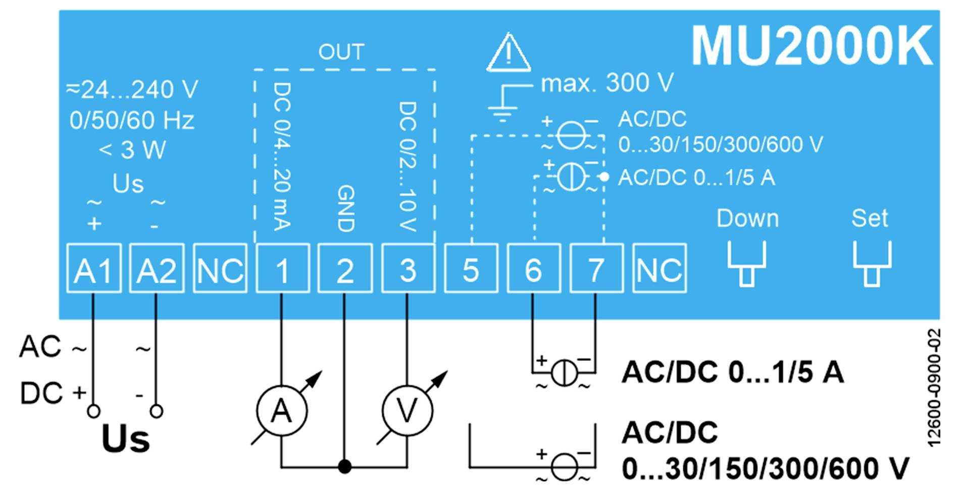 Ledningsdiagram for en MU2000K effektmåler, som viser AC/DC-forsyningsterminalerne A1, A2, NC og indgangsterminalerne til strøm- og spændingsmåling.