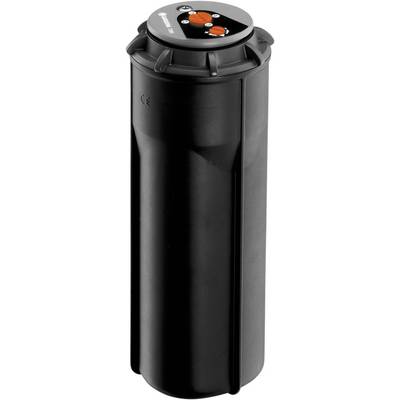 En sort vandingssprinkler med tre røde knapper øverst, som bruges til havevanding eller græspleje.