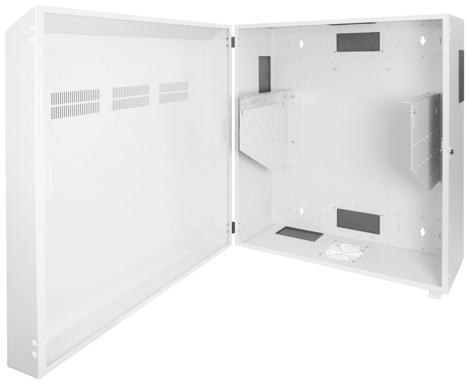 Metalskab åbnet, viser indvendig plads med ventilationsåbninger og beslag, beregnet til vægmontering.