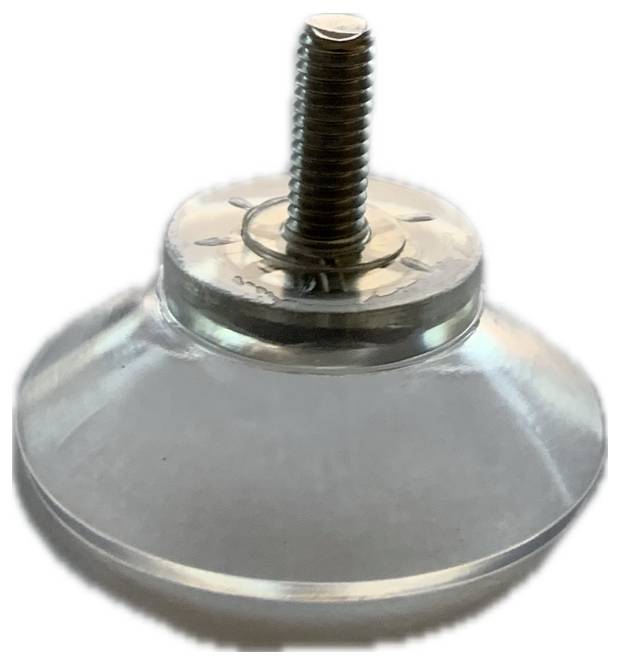 Gennemsigtig sugekop med metalgevind i midten. Primært brugt til fastgørelsesformål på glatte overflader.