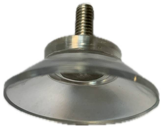 En transparent sugekop med metalgevind, som bruges til montering eller fastgørelse af et objekt på glatte overflader.