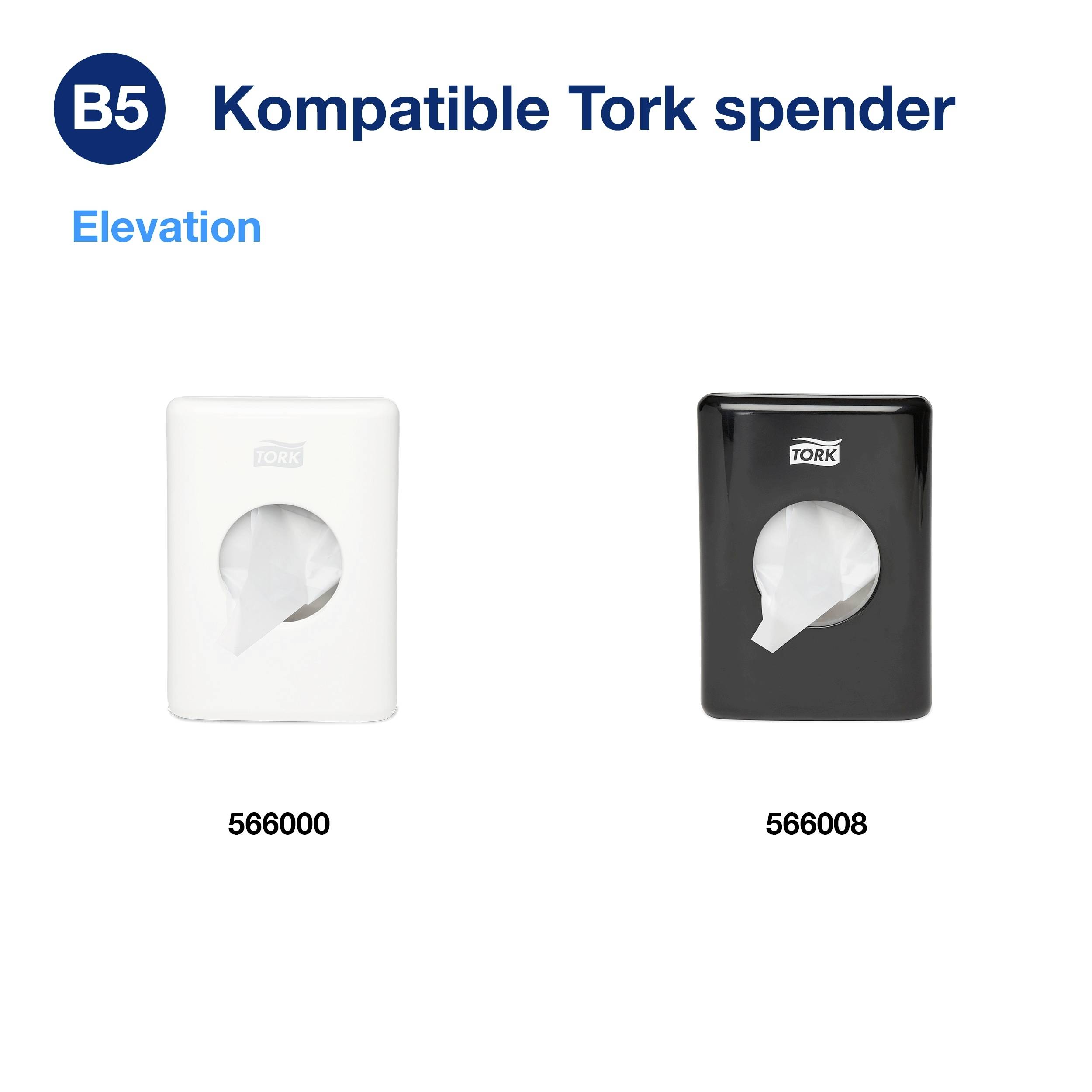 'Kompatible Tork-dispensere; Elevation-serien. To dispensere: venstre hvid (model 566000), højre sort (model 566008).'