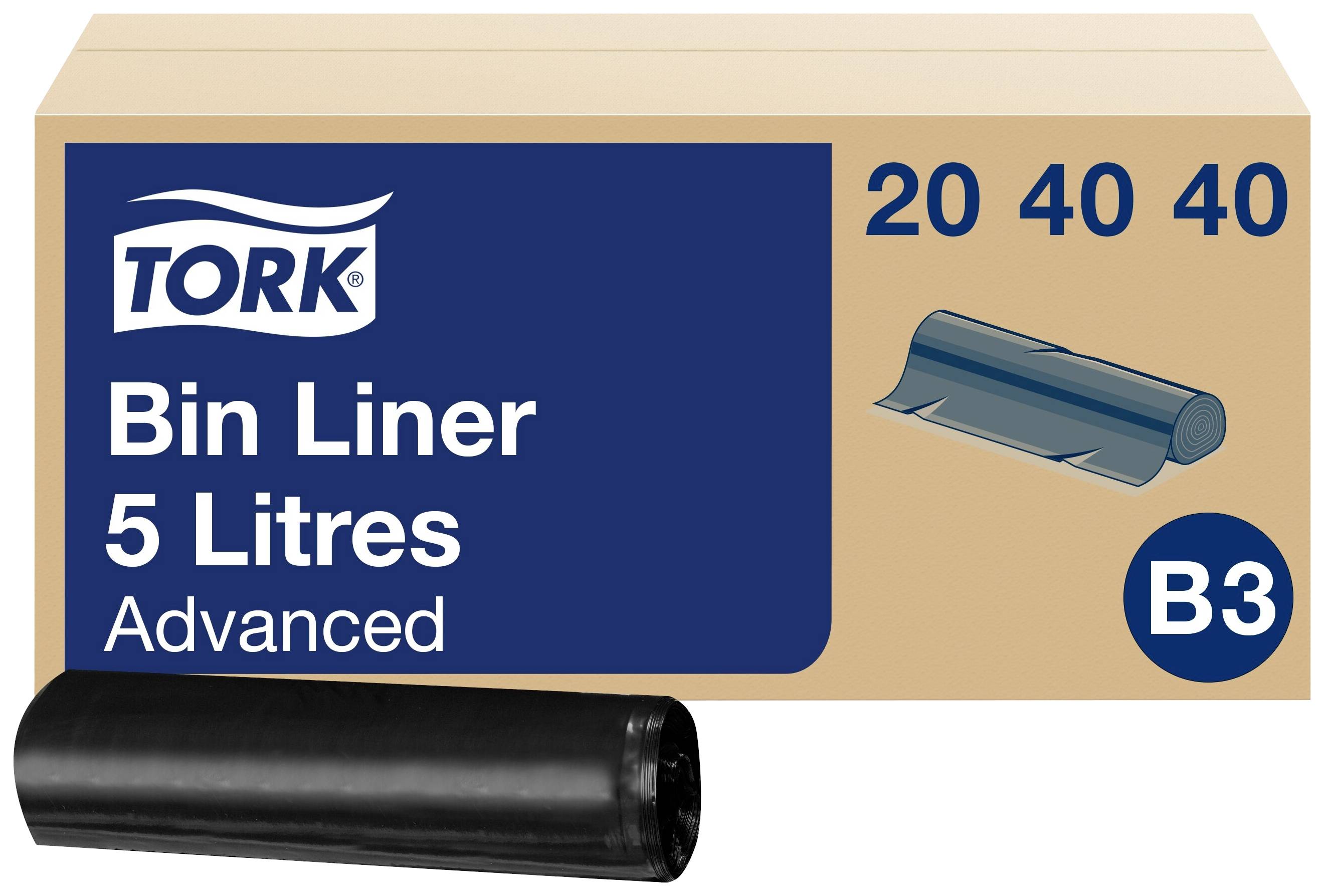 'Pakning med Tork Advanced affaldsposer, 5 liters kapacitet, sort pose og emballage med påskriften B3, 20 40 40.'