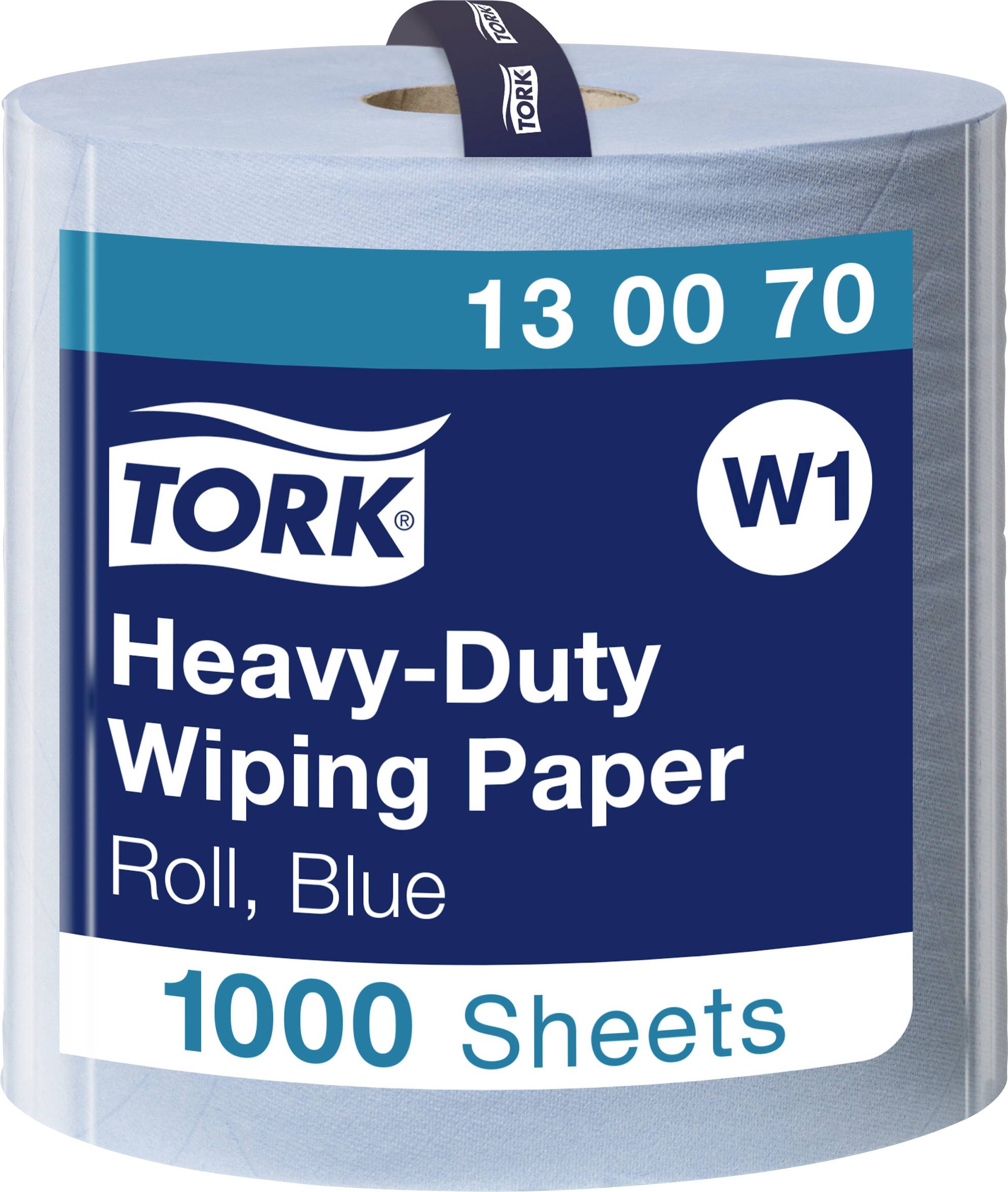 En rulle blåt, slidstærkt Tork-aftørringspapir. Tekst på emballagen: 'Heavy-Duty Wiping Paper, Roll, Blue, 1000 Sheets, W1, 13 00 70'.