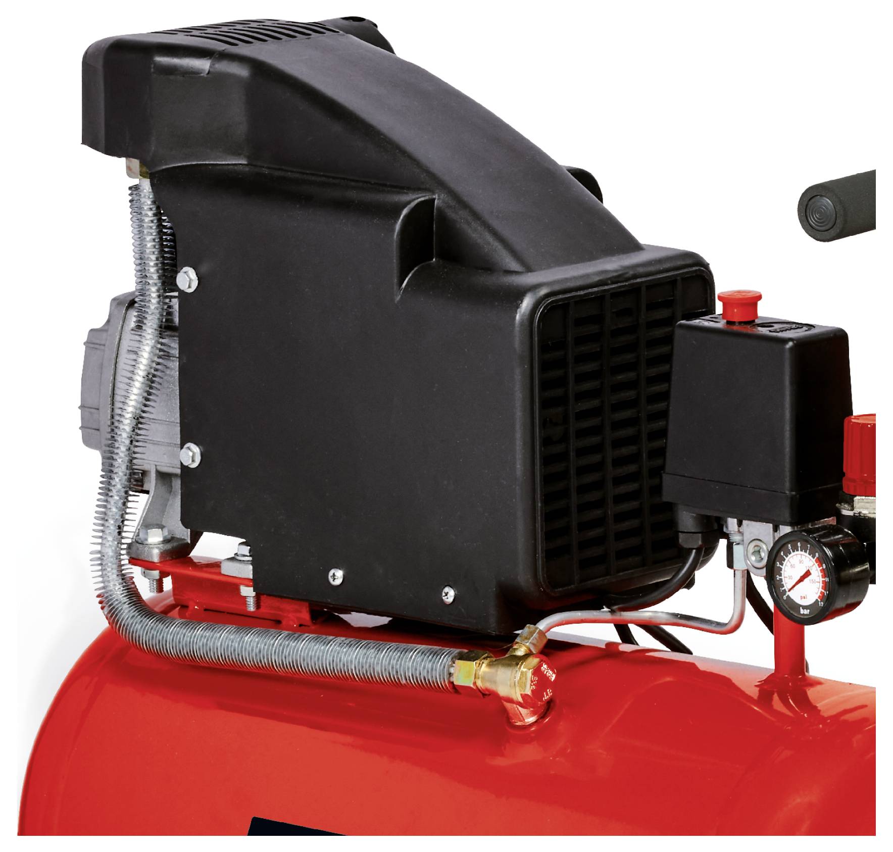 Bærbar luftkompressormotorenhed monteret på en rød tank, med sort kabinet, slange og trykreguleringsurmåler.