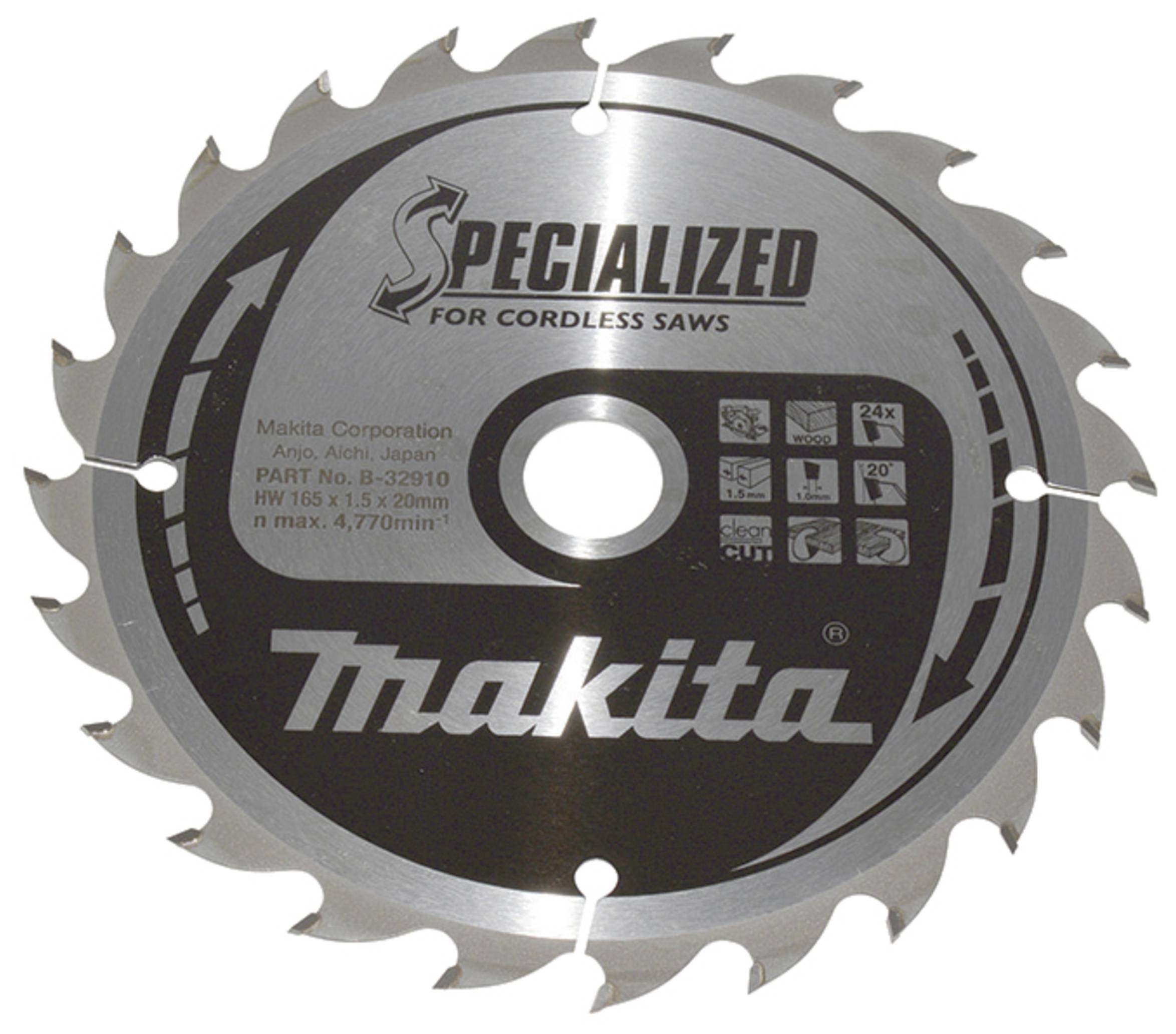 Rundsavsklinge med teksten 'Specialdesignet til akku-save'. Varemærke 'Makita'. Tekniske specifikationer: Diameter, antal tænder, maksimal omdrejningshastighed.