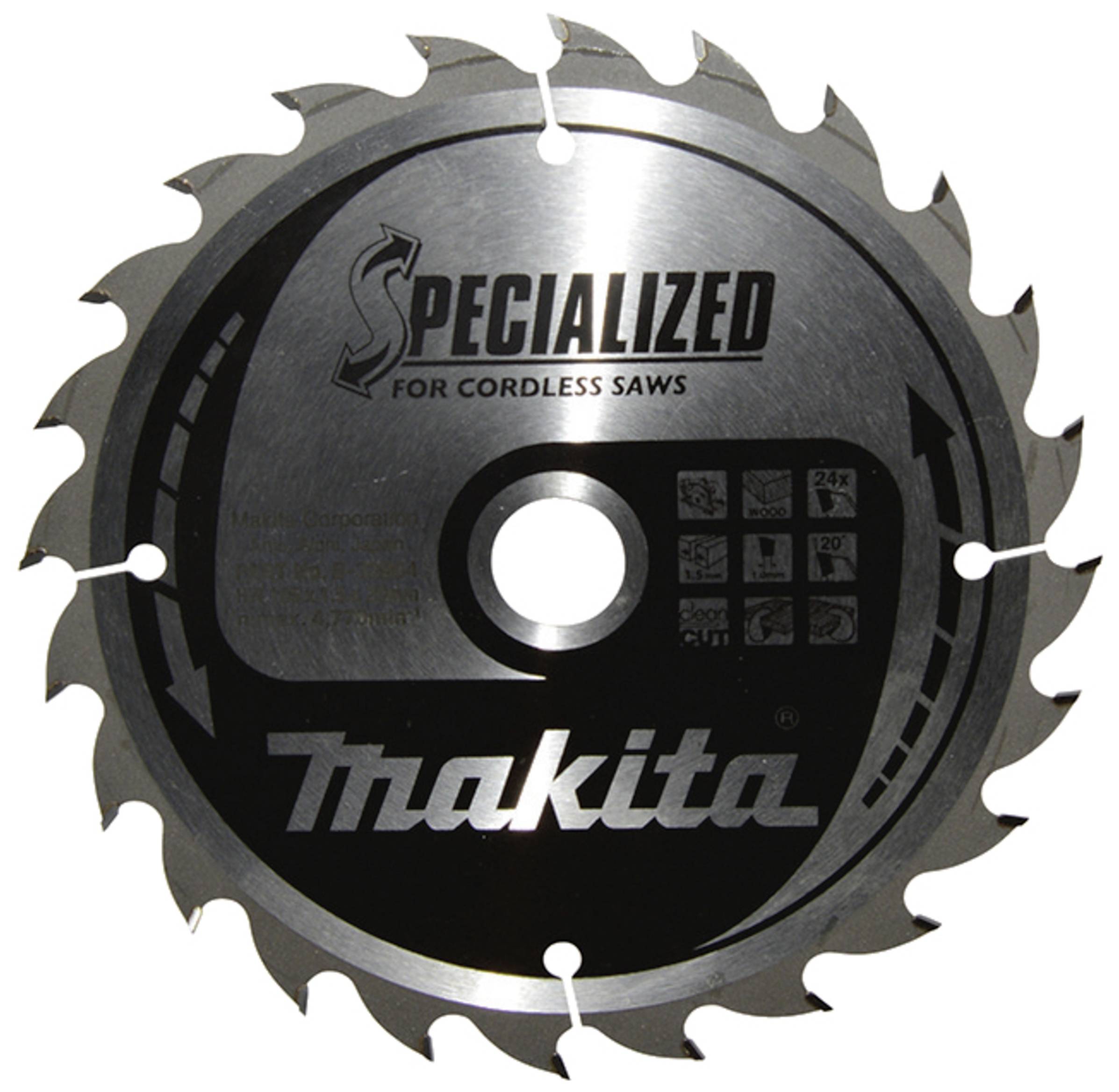 Savklinge med 12 tænder, mærket med 'Specialized for Cordless Saws' og 'Makita'. Egnet til trådløse save.