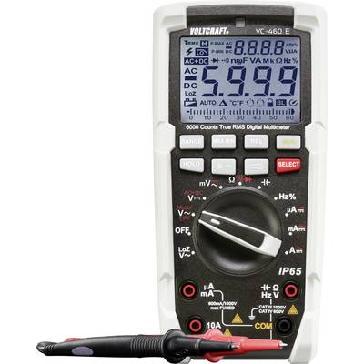 Digitalt multimeter med LCD-display, viser måleværdier for spænding, strømstyrke, modstand og frekvens. Inkluderer måleledninger.