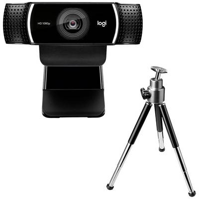 'Sort webcam med HD 1080p-opløsning og trebenet stativ. Perfekt til videoopkald og streaming.'