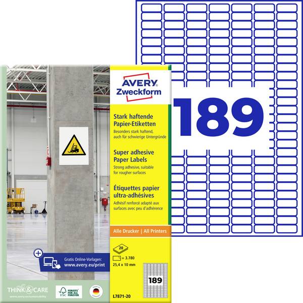 Avery-Zweckform L7871-20 Etiketter med en ekstra stærk klæbeevne 25.4 x 10 mm Papir Hvid 3780 stk Permanent vedhæftningsevne, Kraftig vedhæftningsevne Inkjetprinter, Laserprinter, Farvelaserprinter, Kopimaskine, Farvekopimaskine, Håndskrift