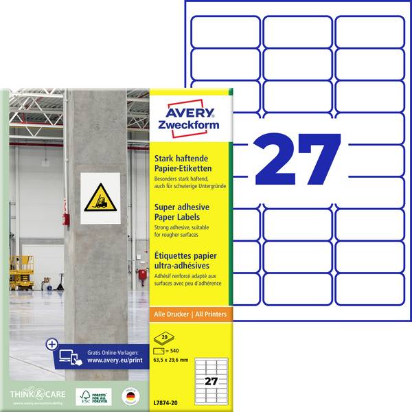 Avery-Zweckform L7874-20 Etiketter med en ekstra stærk klæbeevne 63.5 x 29.6 mm Papir Hvid 540 stk Permanent vedhæftningsevne, Kraftig vedhæftningsevne Inkjetprinter, Laserprinter, Farvelaserprinter, Kopimaskine, Farvekopimaskine, Håndskrift