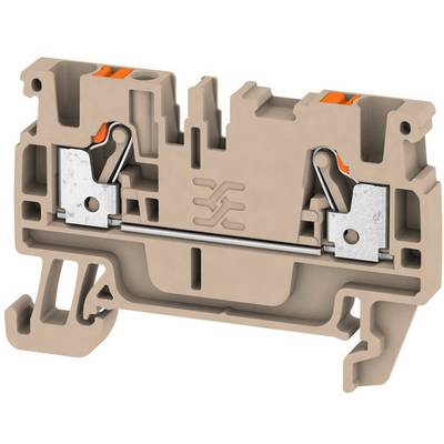 En brun klemmerække med to metalforbindelser og en underliggende metalstang. Oversiden har to orange klaphåndtag.