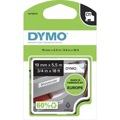 'DYMO' etiketter med dimensioner 19 mm x 5,5 m. Tekst: 'Fakturaer', 'Fremstillet i Europa', '60% genanvendelig'.