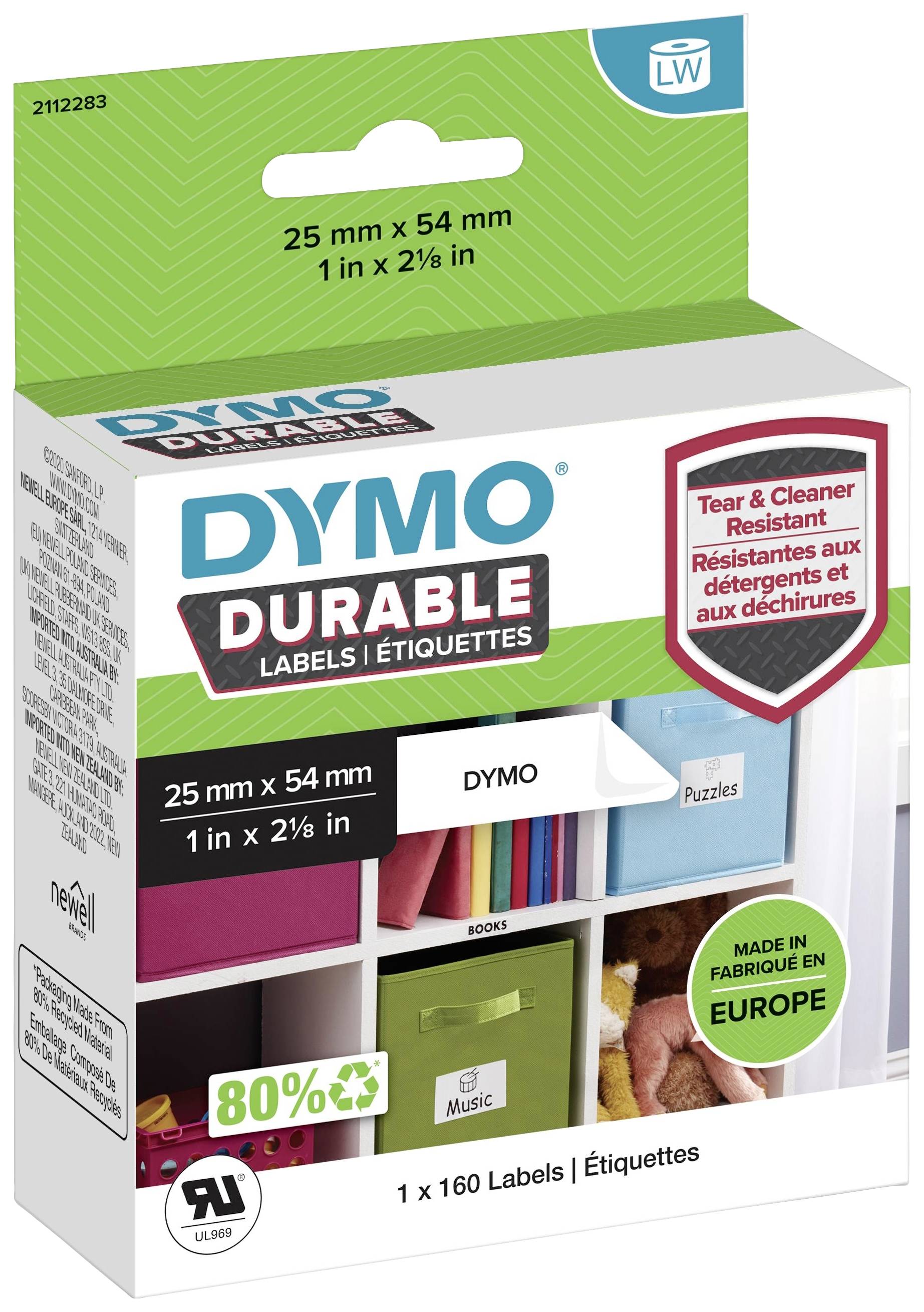 DYMO Holdbare Etiketter, 25 x 54 mm, 160 mærkater, rengøringsmiddelresistente, fremstillet i Europa, 80% genanvendelsesmateriale.