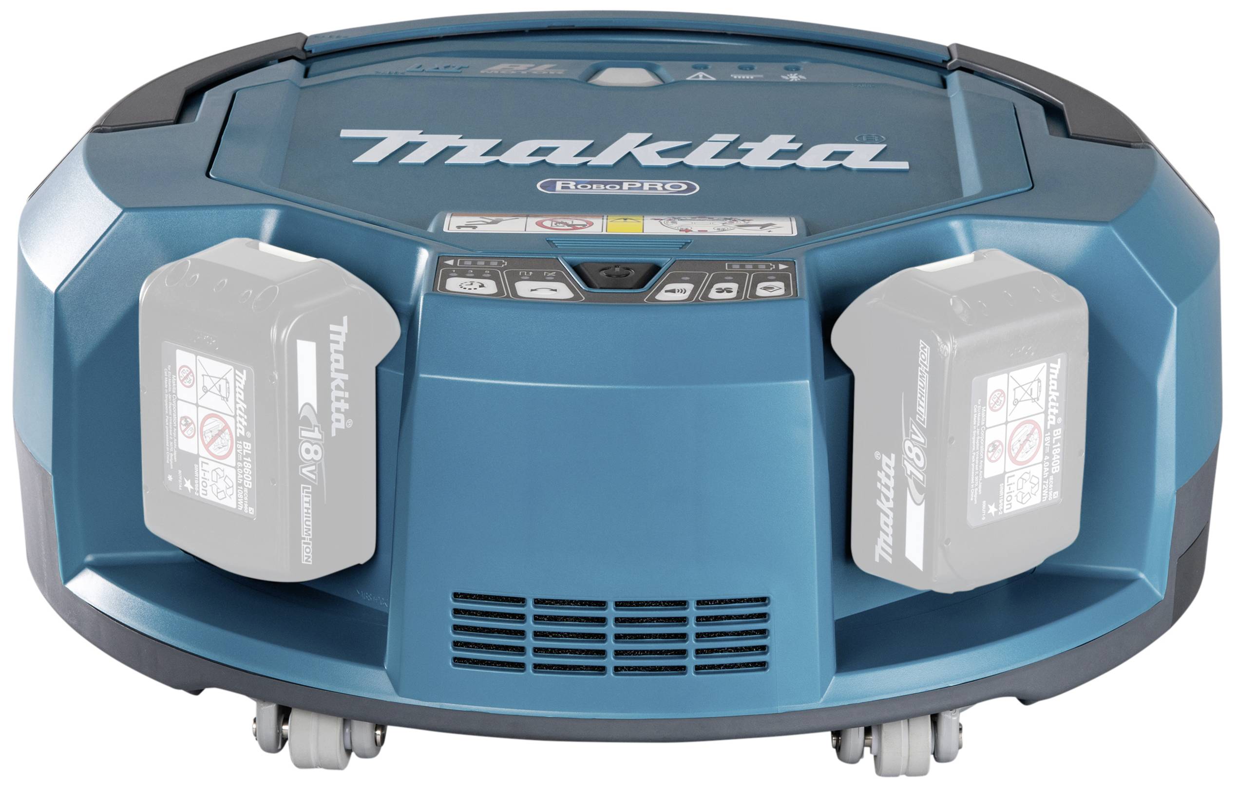 En blå automatisk gulvstøvsuger fra mærket Makita med to synlige batterier, mærket '18V'.