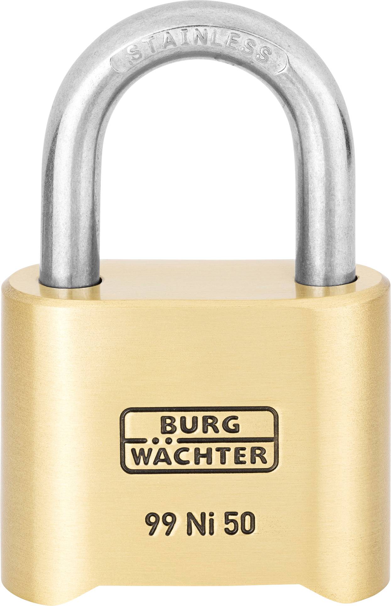 Et guldfarvet hængelås af metal med påskriften 'Burg Wächter 99 Ni 50'.