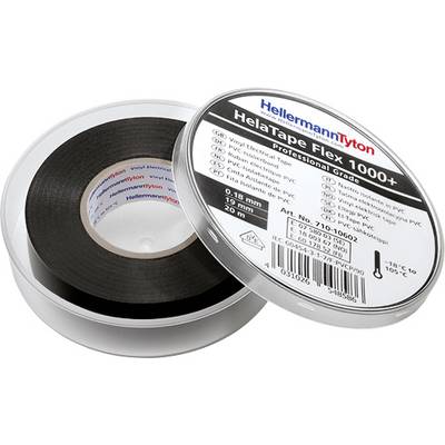 Sort isoleringstape 'HelaTape Flex 1000+' fra HellermannTyton i plastikcover. Tekst med tekniske specifikationer på etiketten.
