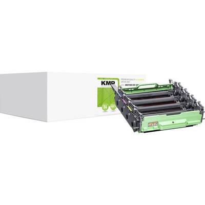 Printerpatron i grøn og sort farve ved siden af en hvid karton med grøn tekst 'Premium Quality Drum Unit'.