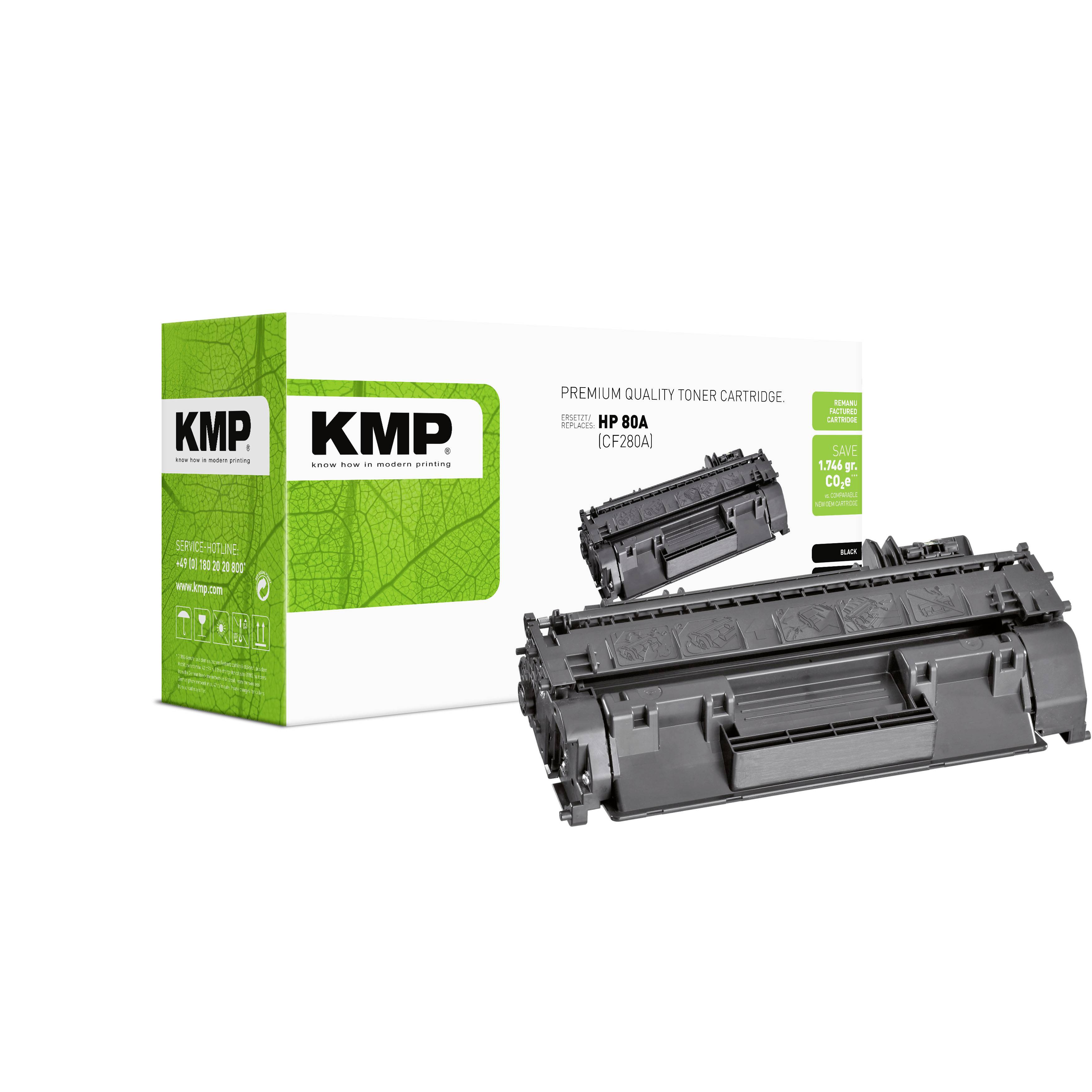 KMP premium kvalitetstoner-kartridgeemballage og to sorte HP 80A-kompatible tonerkartridger på hvid baggrund.