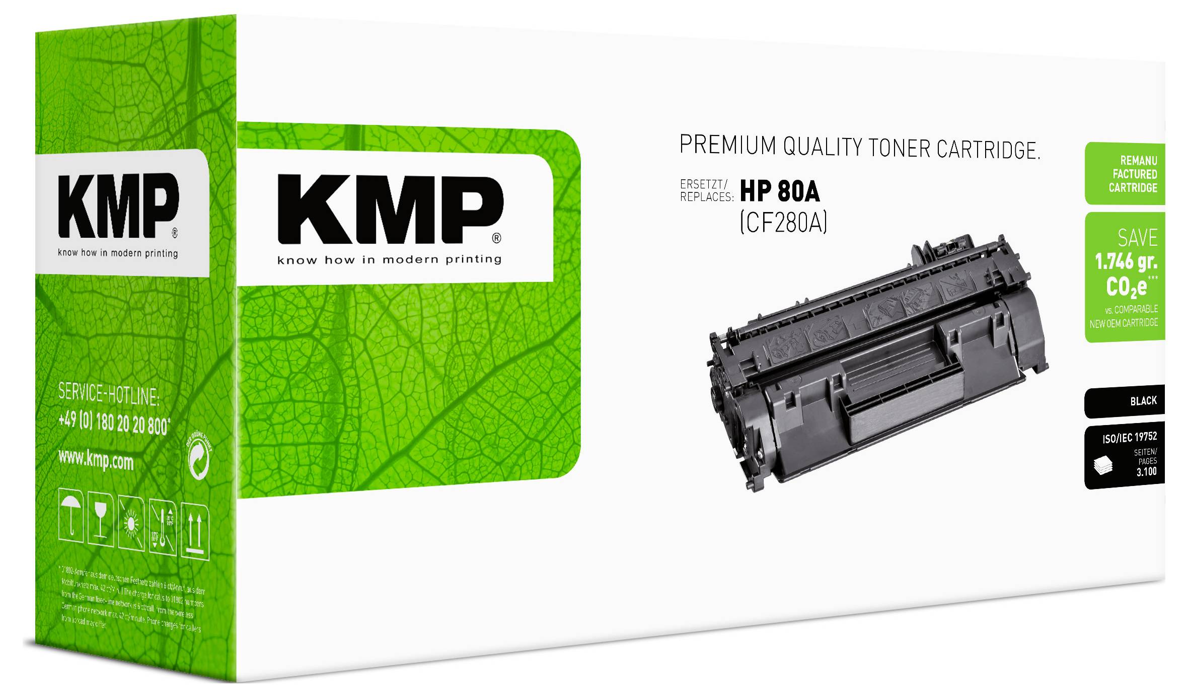 KMP premium kvalitets tonerpatron-box til HP 80A (CF280A), vist med en sort patron og grøn emballage.