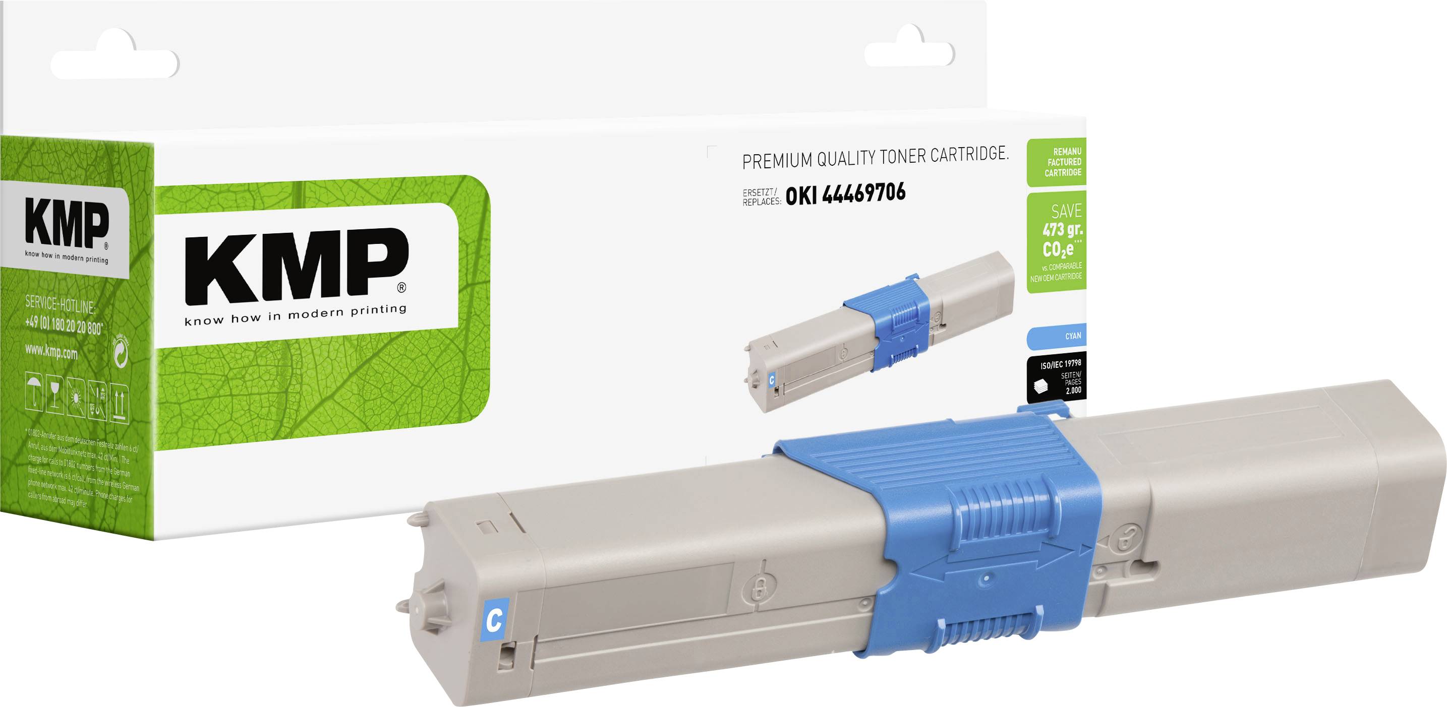 KMP tonerkassette pakke og kassette vist på hvid baggrund, mærket "Premium quality toner cartridge" og "OKI 44469706".
