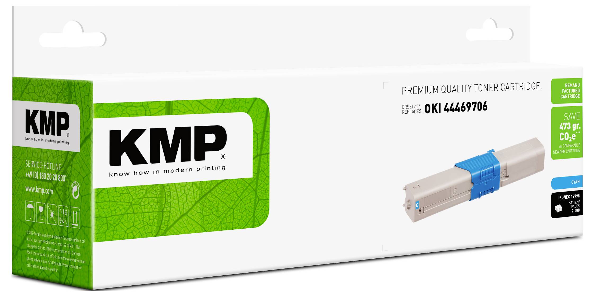 KMP premium kvalitetskartridges-æske til OKI 44469706, vist med grøn emballage med patronen afbildet på højre side.