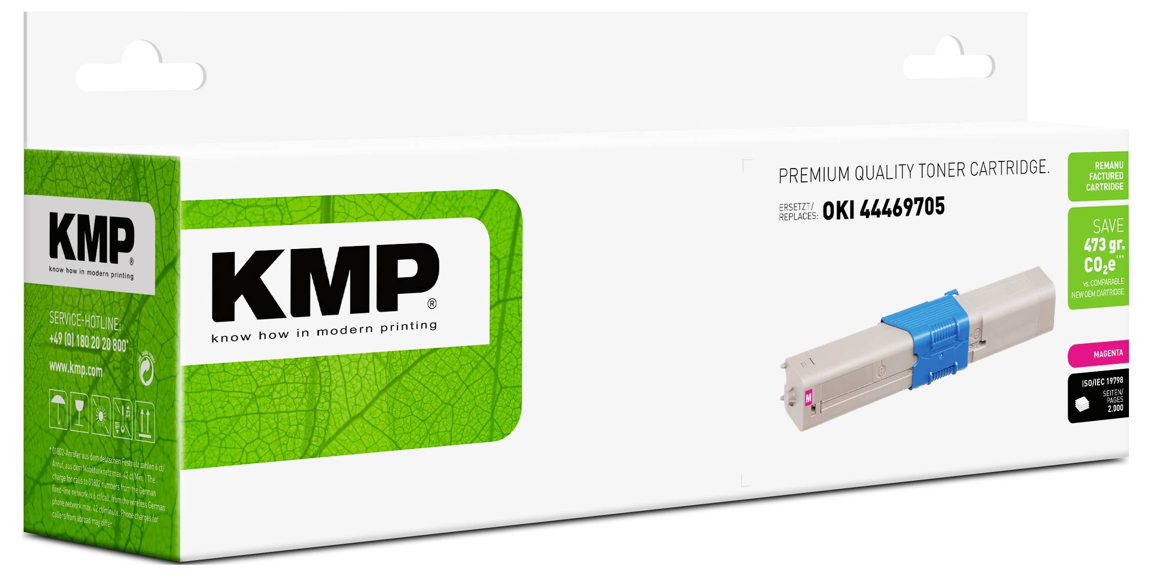 KMP premiumkvalitets tonerpatron emballage, viser en beige og blå patron og model OKI 44469705 med besparelsespåstand på kassen.