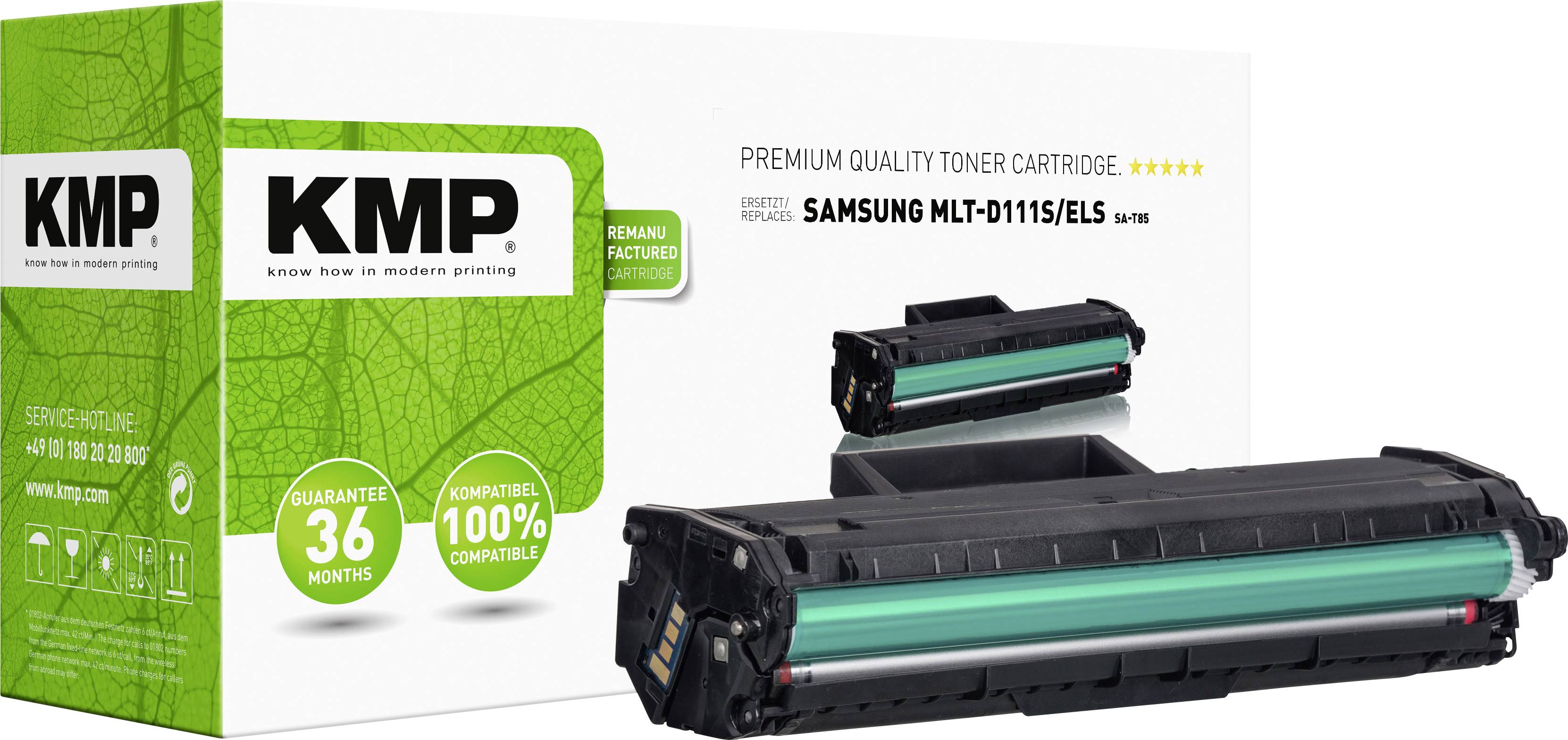 KMP tonerpatron til Samsung MLT-D111S/ELS, 100% kompatibel, 36 måneders garanti. Emballage med billede af tonerpatronen.
