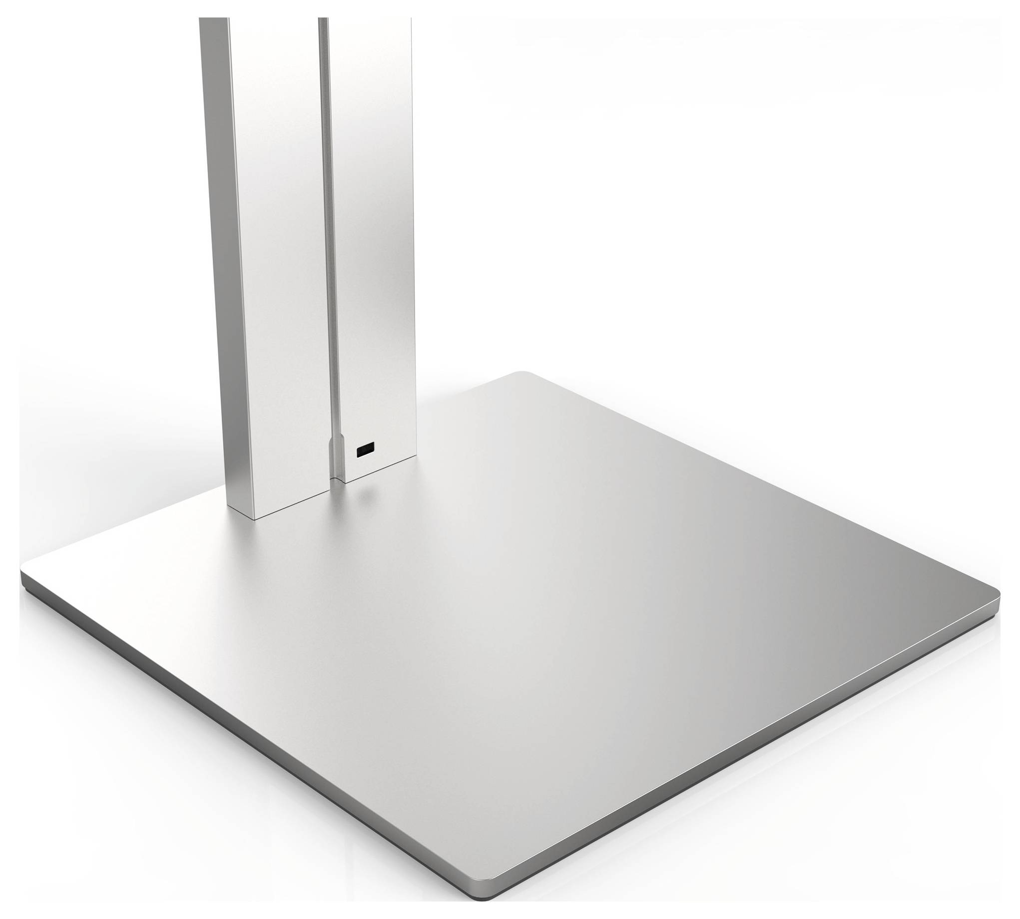 En firkantet, minimalistisk metalsokkel med lodret støtteben, muligvis en del af et moderne møbel- eller apparatdesign.