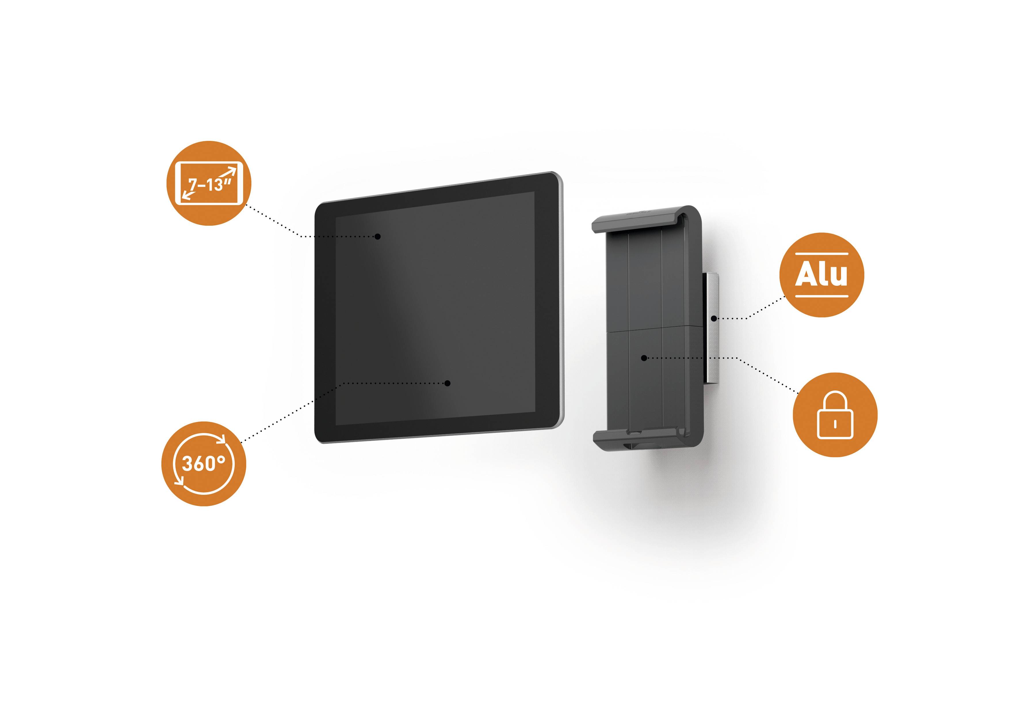 Aluminiumholder til tablets til enheder fra 7-13 tommer. 360 graders rotation mulig. Sikkerhedslås til tyveribeskyttelse.