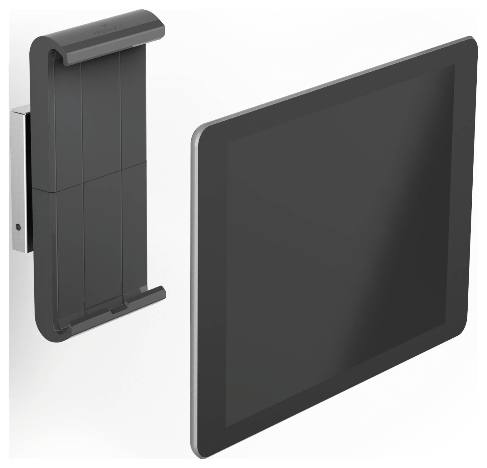 Tablet-holder-sæt, monteret på en væg ved siden af en tablet. Egnet til stabil fastgørelse af tablets for optimal visning.