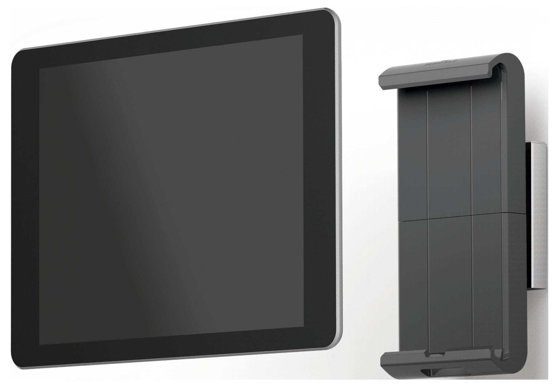 Et sort tablet ved siden af en vægbeslag, som er flad og minimalistisk designet, perfekt tilpasset tabletten til højre.