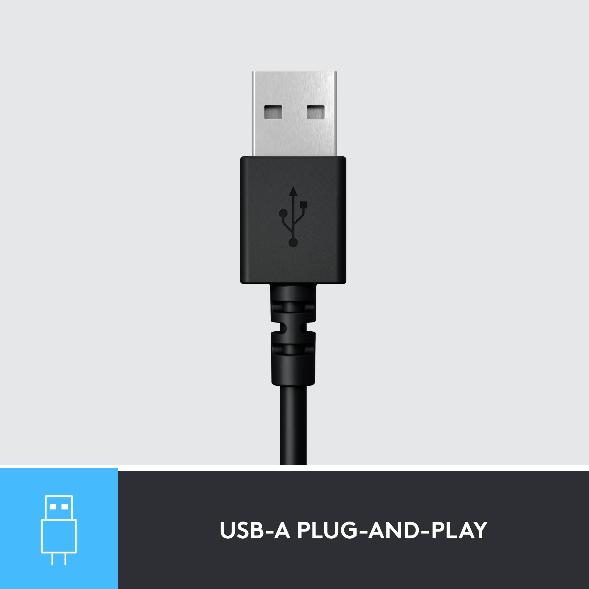 Sort USB-A-kabel med stik øverst, hvidt USB-symbol på stikket. Grå baggrund. Tekst: 'USB-A-stik'.