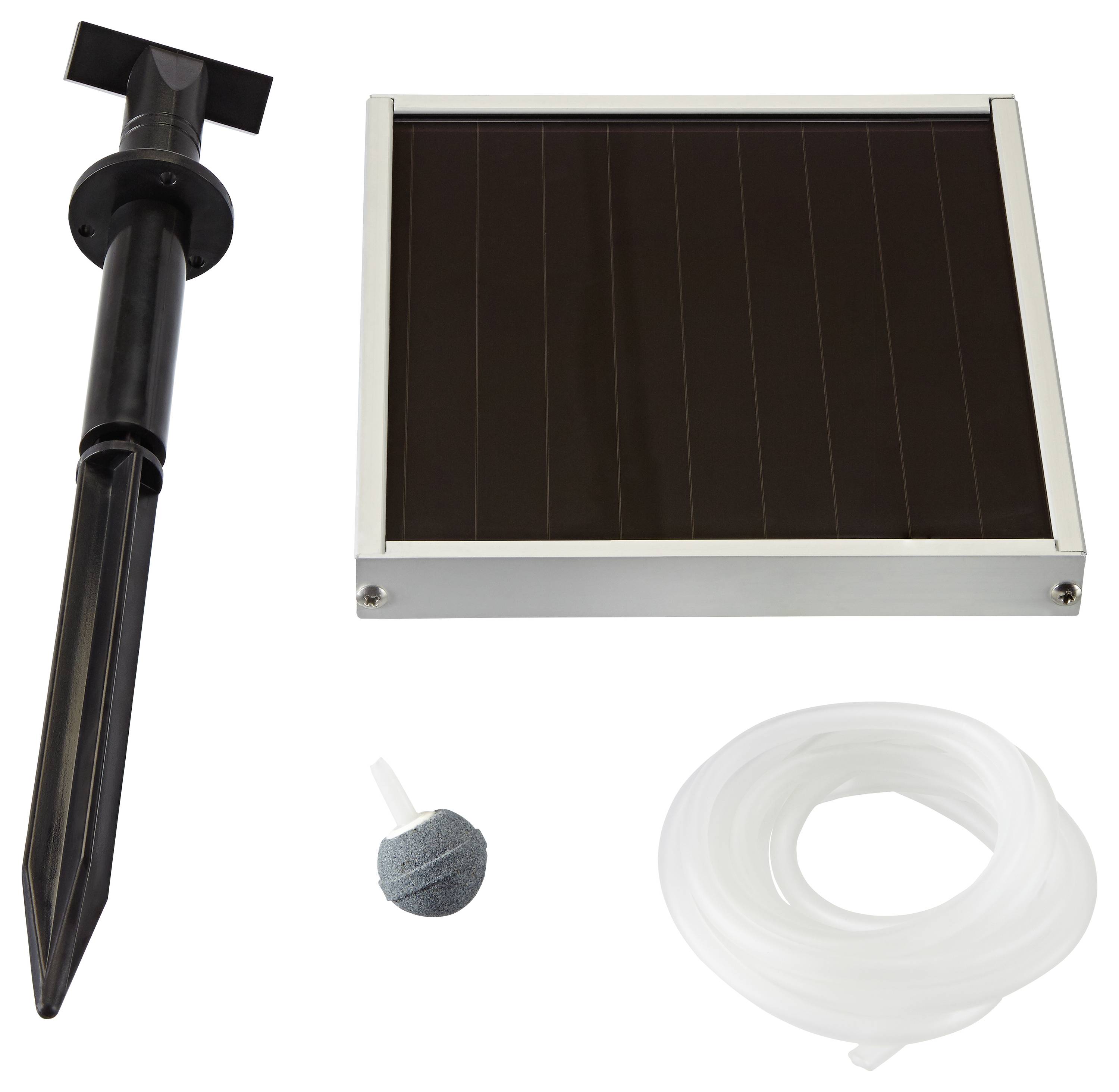 Solcelledrevet vandpumpe-sæt med sort solpanel, pumpestage, luftsten og transparent slange, egnet til små springvand.