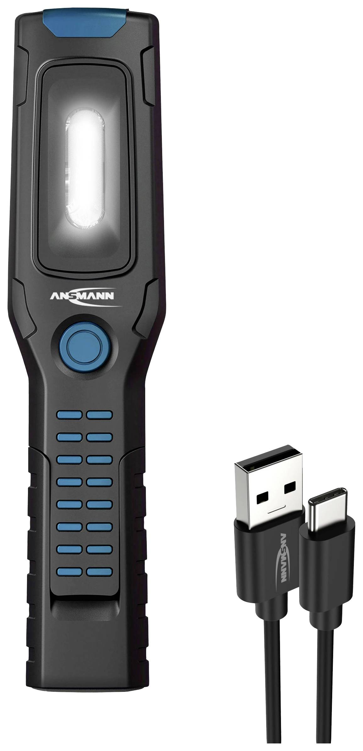Sort LED-arbejdslampe med blå accent, vertikalt placeret. Inkluderer et USB-C opladningskabel, velegnet til værksted eller bil.