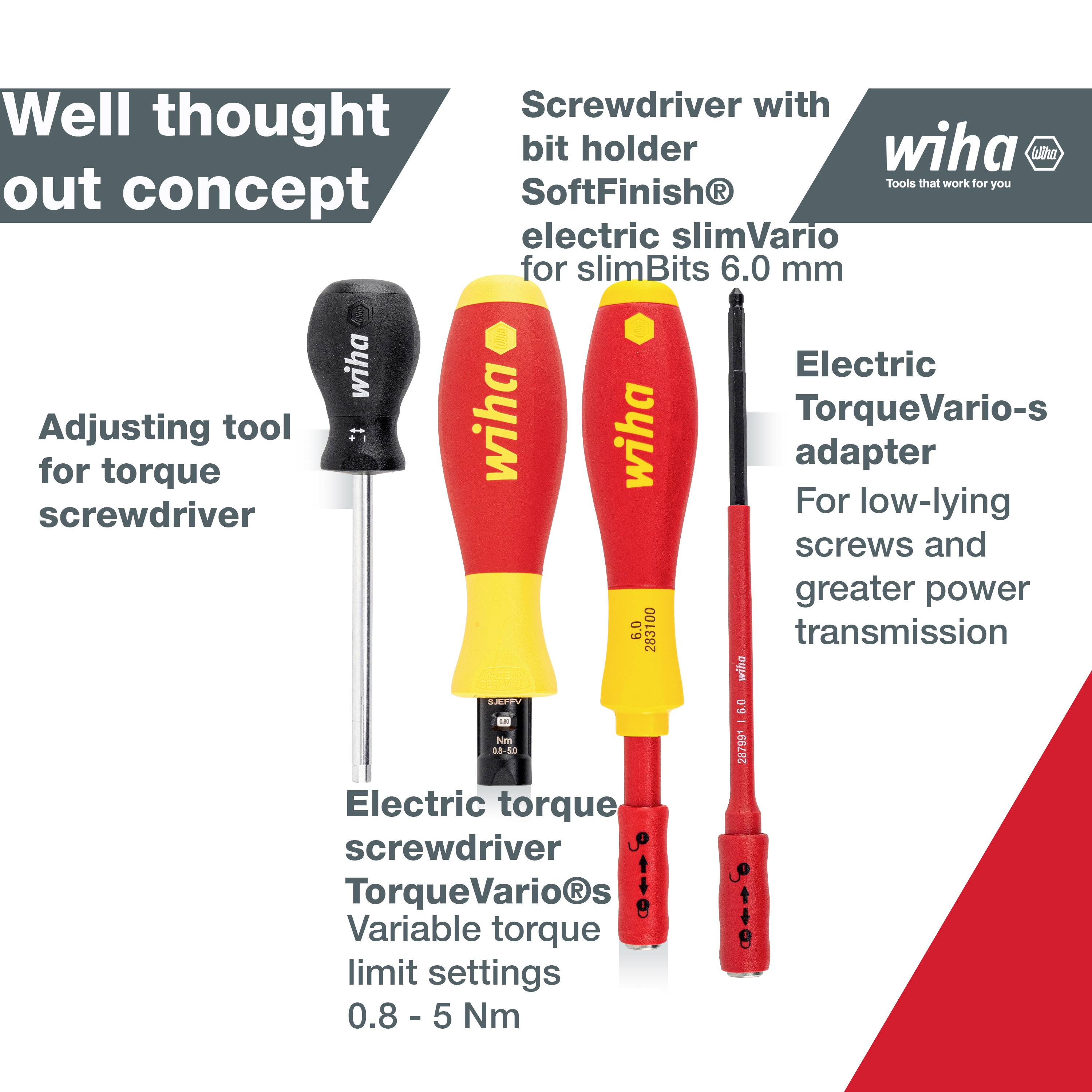 Indstillingsværktøj og adapter fra Wiha til momentskruetrækker TorqueVario. Indeholder sikkerhedsmomentskruetrækker og SoftFinish-greb.