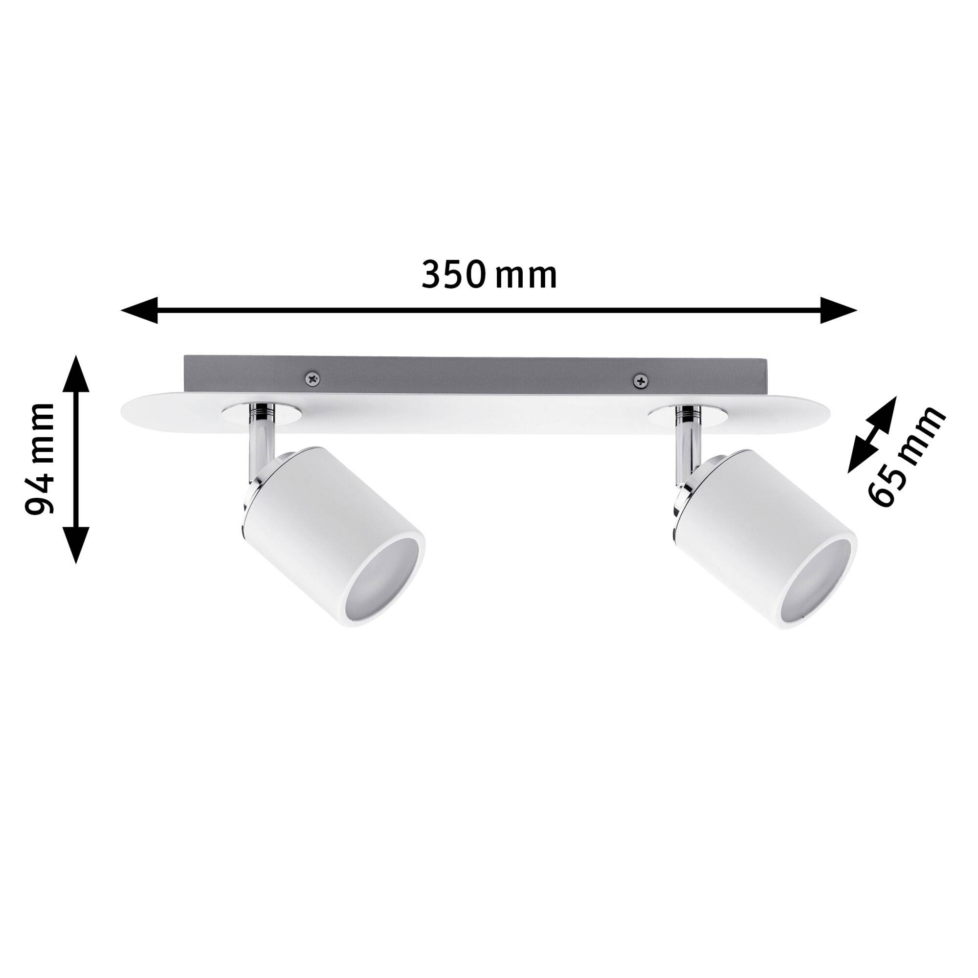 Loftslampe med to hvide spots, mål: bredde 350 mm, højde 94 mm, spotdiameter 65 mm.