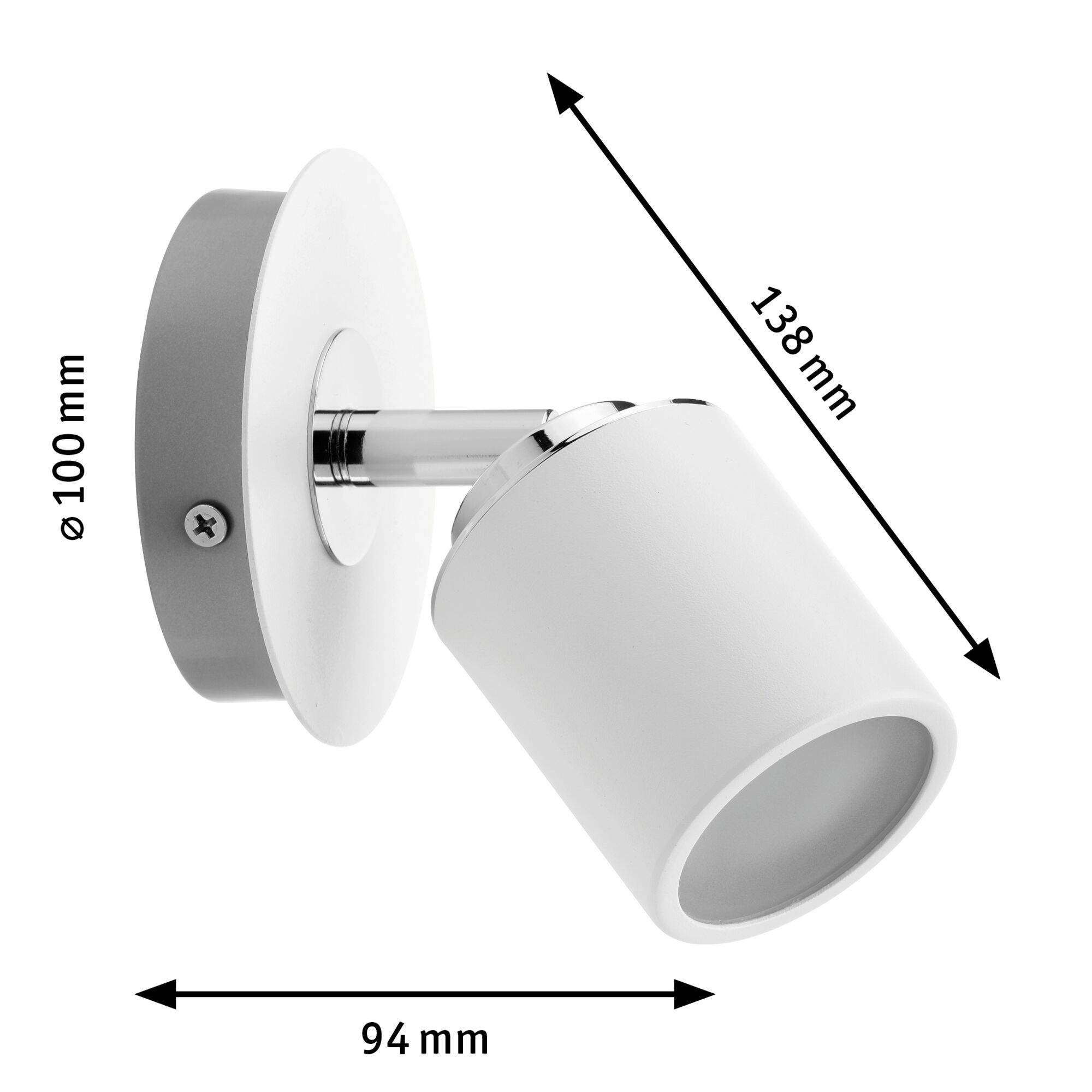 Væglampe med rund base, cylinderformet hvid lampeskærm. Mål: Diameter 100 mm, længde 138 mm, bredde 94 mm.