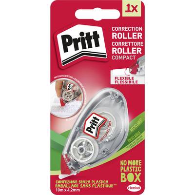 'Pritt' korrektionsrulle emballage med tekst 'Fleksibel', 'Ikke mere plastikboks', og 'Genbrug'. Viser produktdesign med rødt og grønt tema.