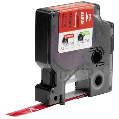 En sort etiketkassette med rødt bånd, egnet til en labelprinter. Overflademærkat viser teksten 'WHITE RED'.