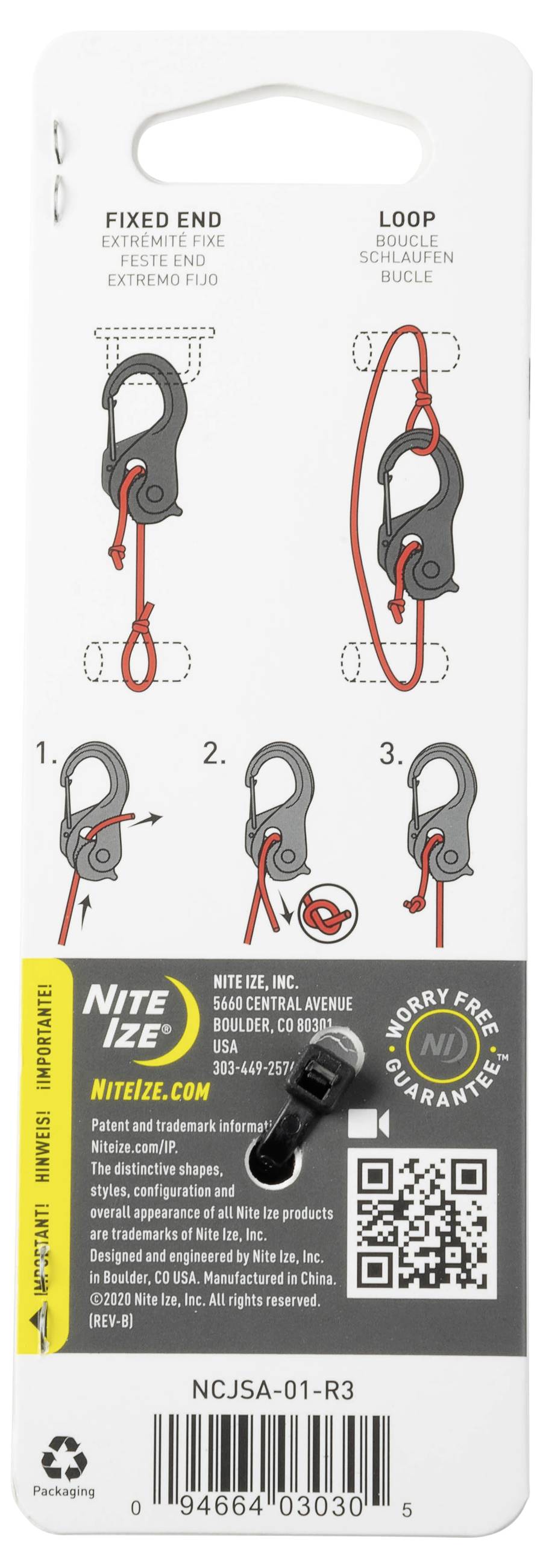 'Nite Ize CamJam' instruktioner med diagrammer: Før rebet ind i den faste ende, løkke gennem den anden side, stram til og fastgør ved hjælp af løftearmen.
