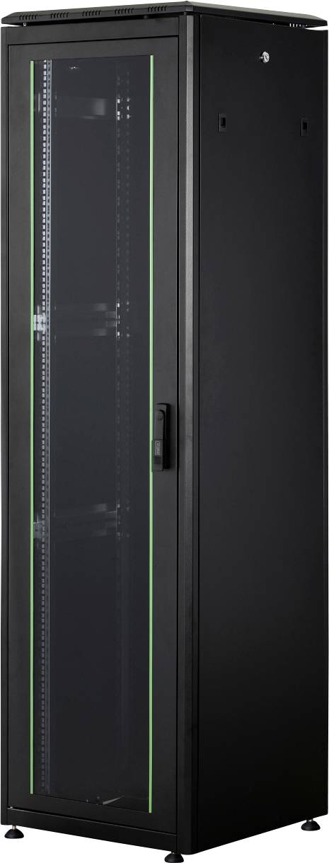Sort serverrack-skab med glasdør, set forfra. Indeholder lodrette stænger til fastgørelse af servere og IT-udstyr.