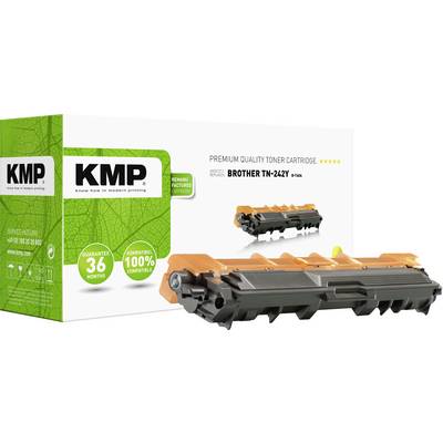 En KMP tonerpatron TN-242Y ligger foran sin emballage. Emballagetekst: 'Premium Quality Toner Cartridge'.