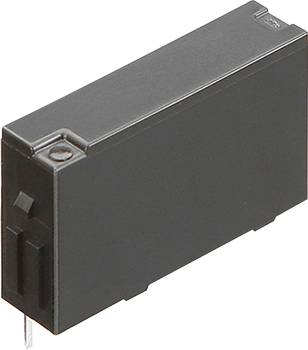 En lille, rektangulær sort elektronisk komponent med to metalben på undersiden, typisk brugt i printplader.