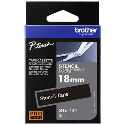 Emballage til en Brother P-touch skabelonbånd-kassette. Indeholder Stencil Tape STe-141, 18 mm bred, 3 m lang.