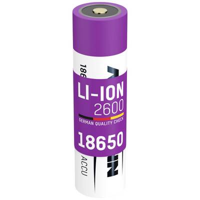 Lilla-hvid lithium-ion-batteri 'LI-ION 2600', type 18650, med påskriften 'GERMAN QUALITY CHECK'.