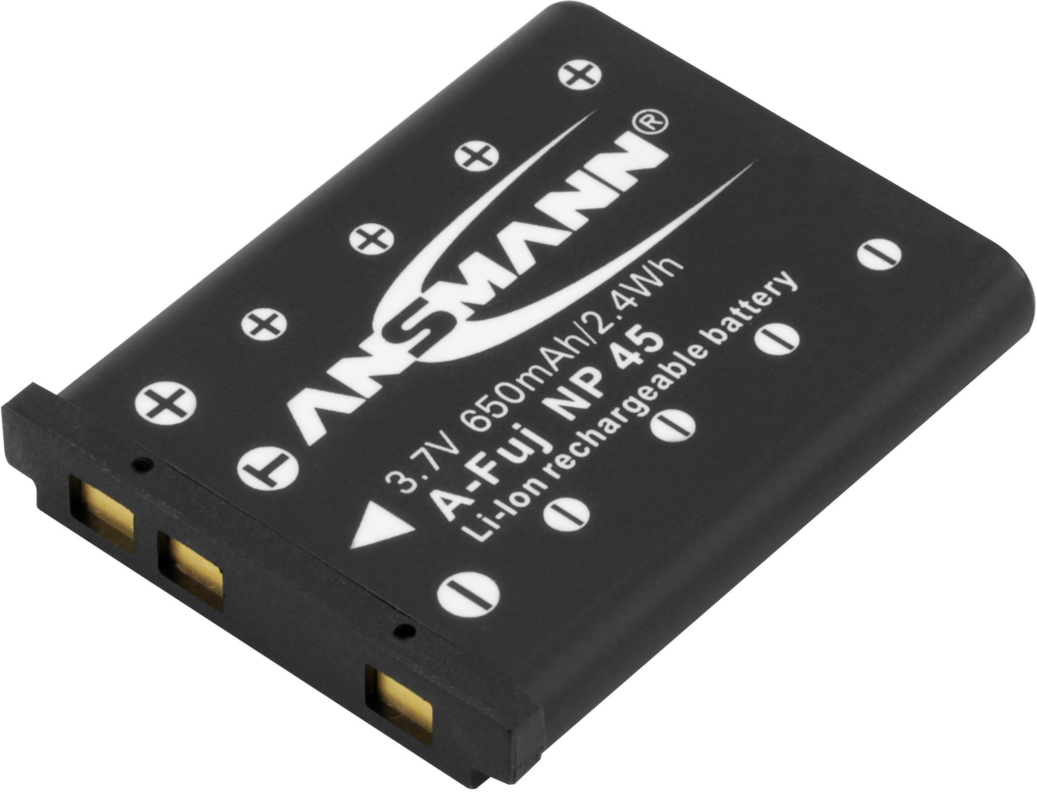 Sort rektangulær Li-Ion-batteri med påskriften '3.7V 650mAh 2.4Wh A- Fuji NP-45'.