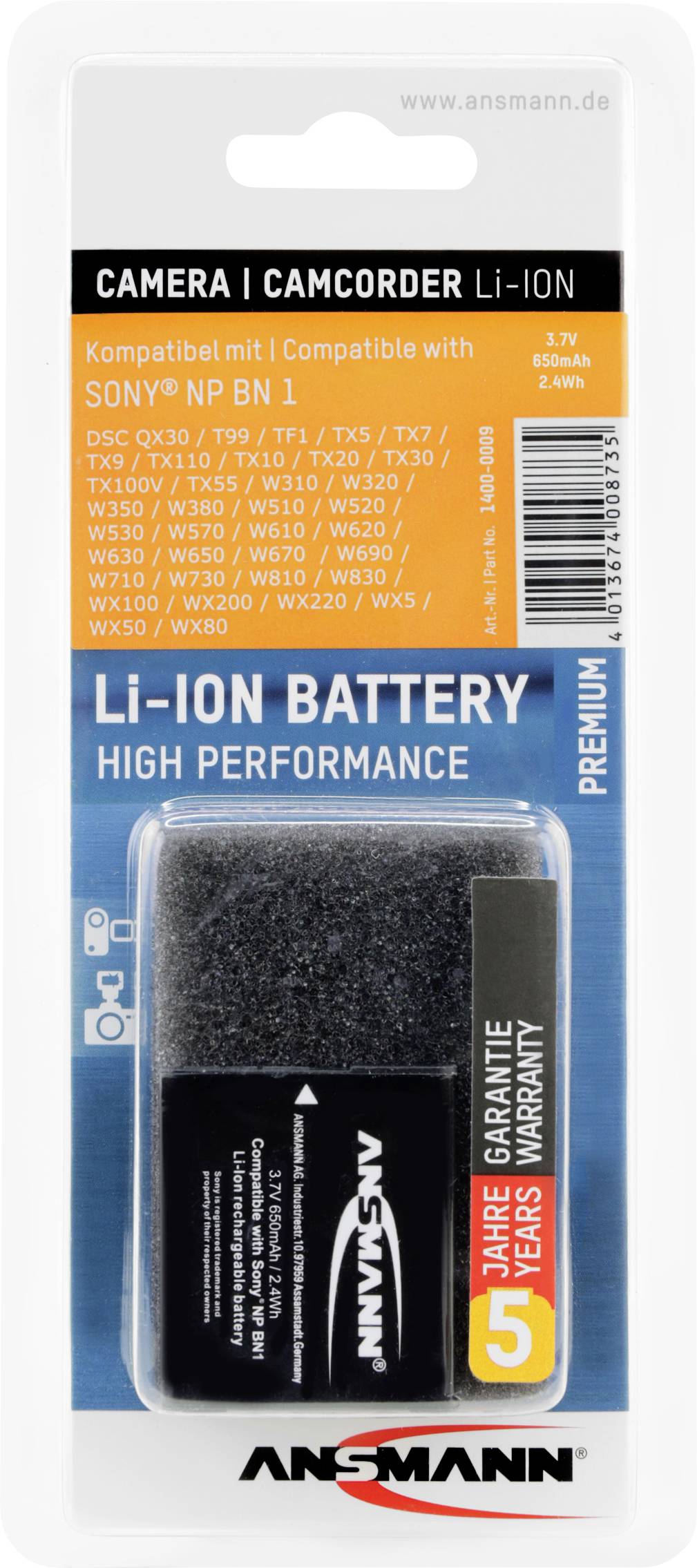 Pakning til Li-Ion batteri fra Ansmann, kompatibel med Sony NP BN1, 3,7V, 630mAh; 5 års garanti. Egnet til forskellige kameramodeller.